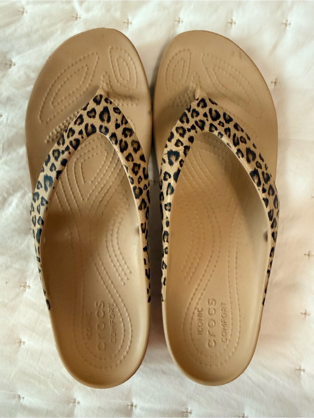 CROCS Tan Flip Sandals with Leopard-Print Straps Size 11